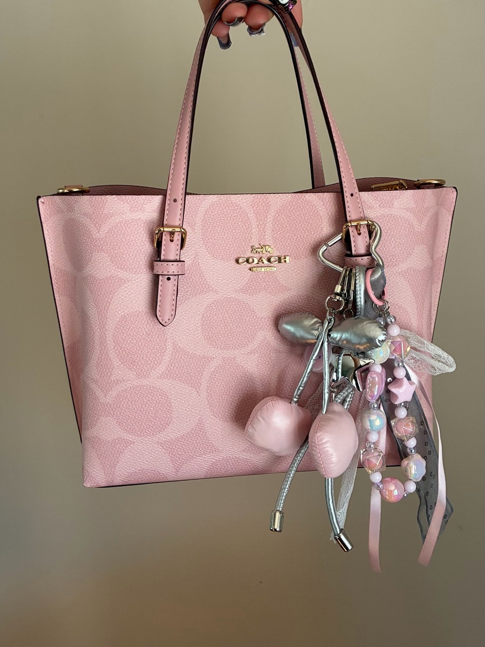 Pink and Silver Cherry Beaded Bag Charm Keychain Set